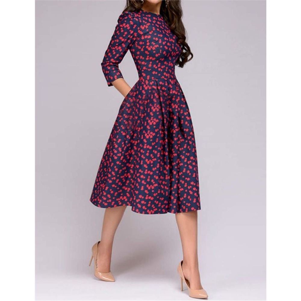 Simple Flavor Women's Floral Vintage Dress Elegant Midi Evening Dress 3/4 Sleeve